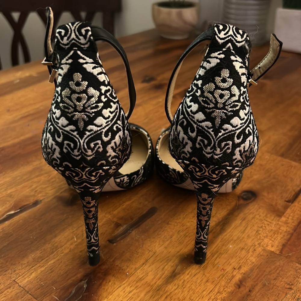 Sam Edelman Black and White Brocade Pointed-Toe Ankle-Strap Heels - Picture 5 of 7
